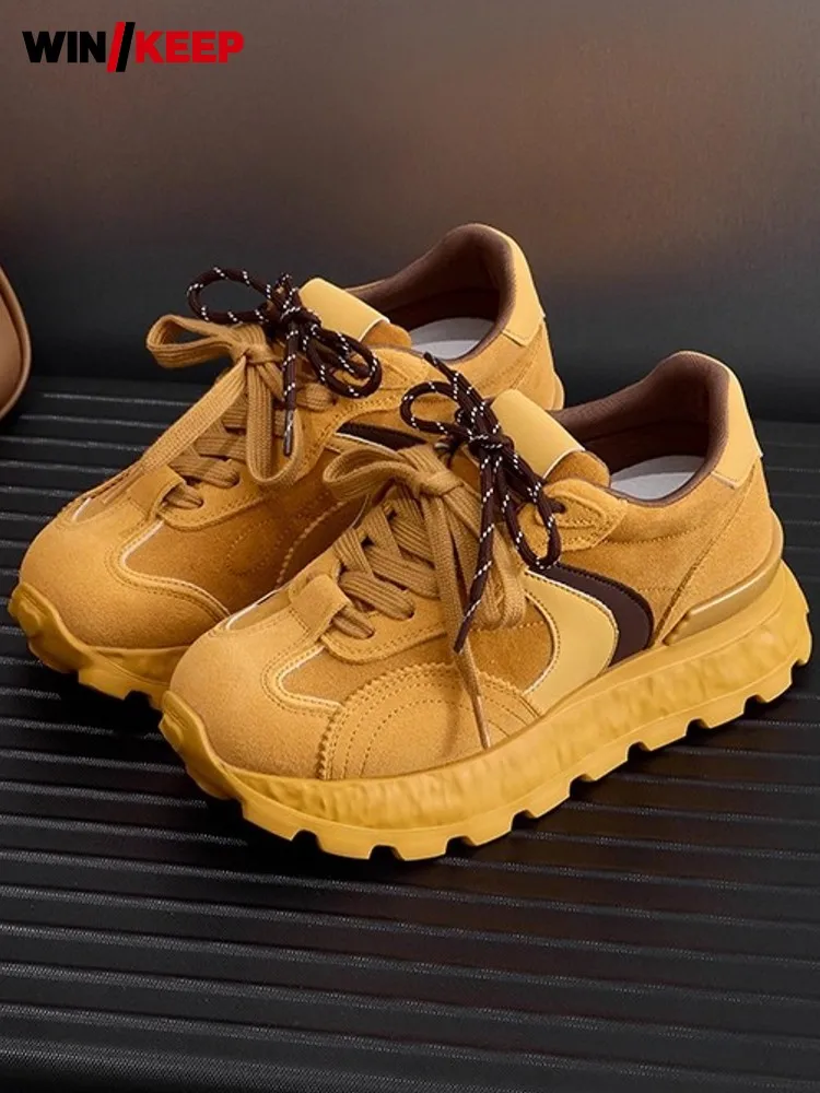 

Outdoor Women Running Shoes Genuine Leather Spliced Thick Platform Sport Shoes Height Increasing 8CM Jogging Trainers Sneakers