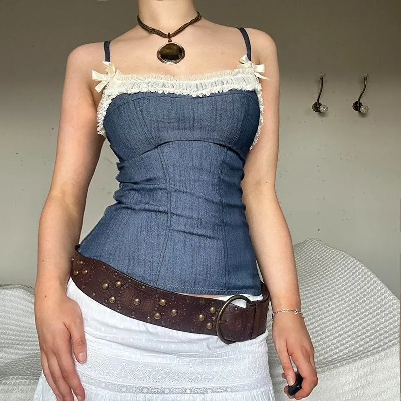 

YYAHAHAS American Fashion Basic Lace Patchwork Bow Suspender Summer New Retro Y2k Slim Fit Vest Female Clothing