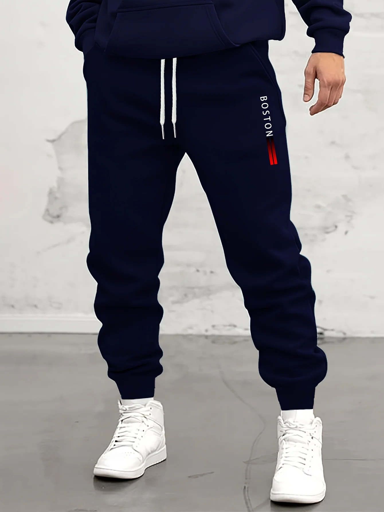 Urban Street Men Casual Sweatpants, Boston Vertical Text Detail, Elastic Cuffs, Drawstring Waist Hip Hop Jogger Trousers