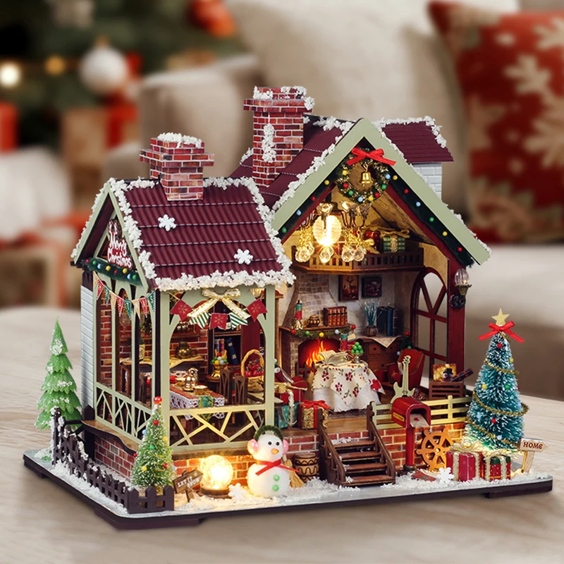 DIY 暖かいクリスマスロッジハウス木製ミニチュアモデルキット 3D パズル雪だるまドールハウス家具ドールハウス友人ギフト