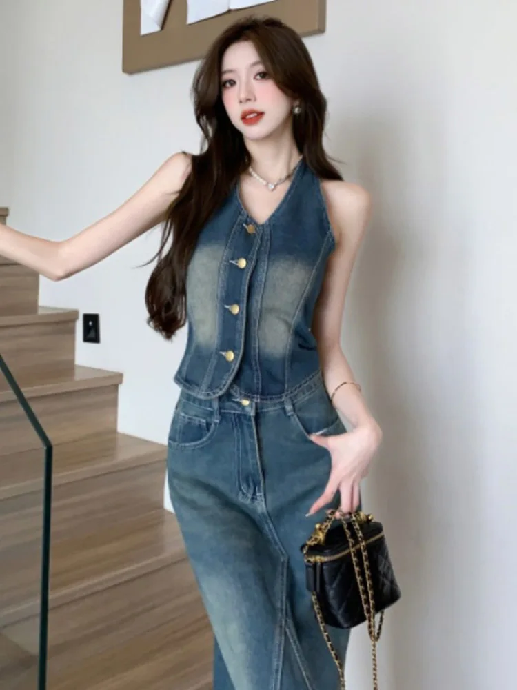 Retro hanging neck backless single breasted denim vest+high waist slim style edge skirt elegant Denim suit