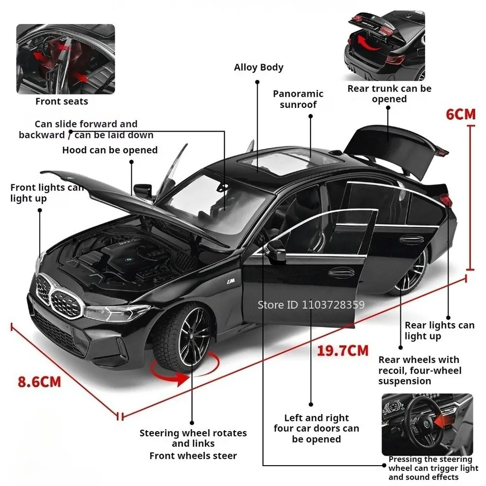 1:24 325LI 530LI Model Miniature Toy Cars Alloy Diecast Doors Opened Front Wheel Steering Sound Light Popular Car Models for Kid