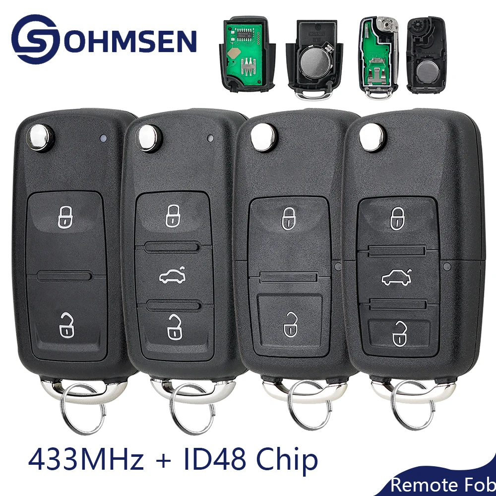 OHMSEN 2 / 3 Button Flip Remote Key Fob 433MHz for VW Transporter T5 T6 Amarok Polo Golf Seat Ibiza Toledo Skoda Fabia ID48 Chip