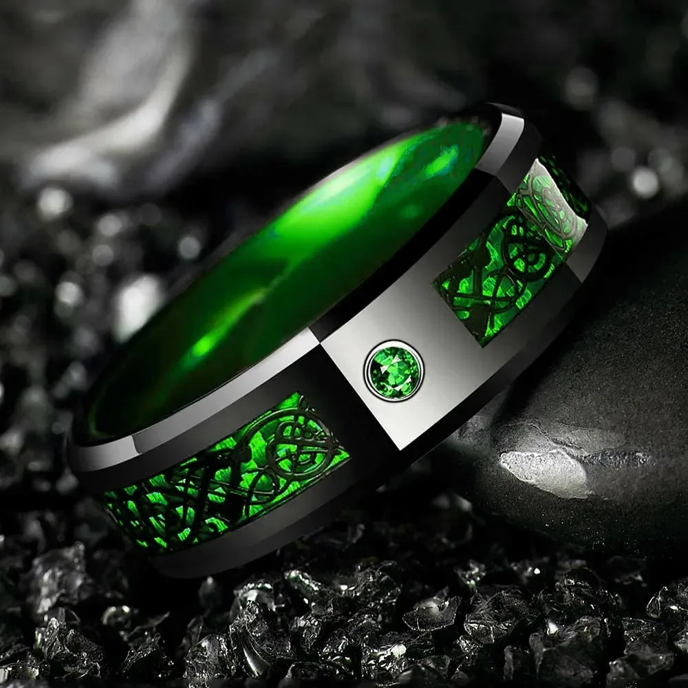 Mens Fashion Stainless Steel Celtic Dragon Rings With Red Blue Green Crystal CZ Carbon Fibre Rings For Men Wedding Band Jewelry