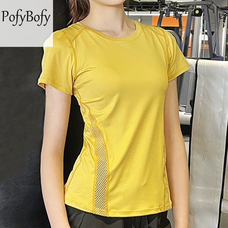 

PofyBofy Quick Dry Breathable Mesh Splicing Slim Fit Reflective Strip Back Elastic Women Short Sleeve Sport T-shirt Yoga Gym Top