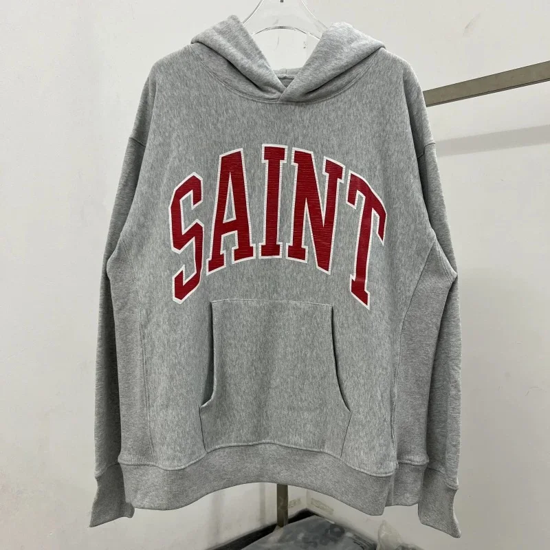 

25ss SAINT MICHAEL Pure Cotton Casual Hoodies Logo Letter Printing Grey Oversized Hooded Sweatshirt