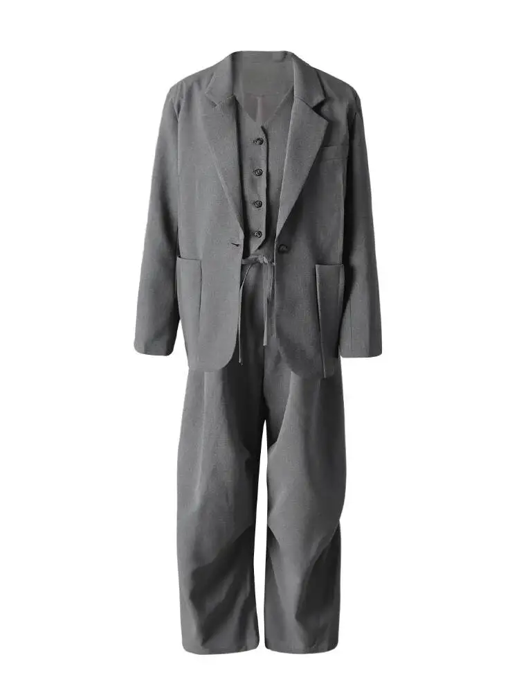 Fashion Gray 3 Piece Set Women's Lapel Blazer Short Vest High Waist Drawstring Wide Leg Pants Suit Autum U3LN