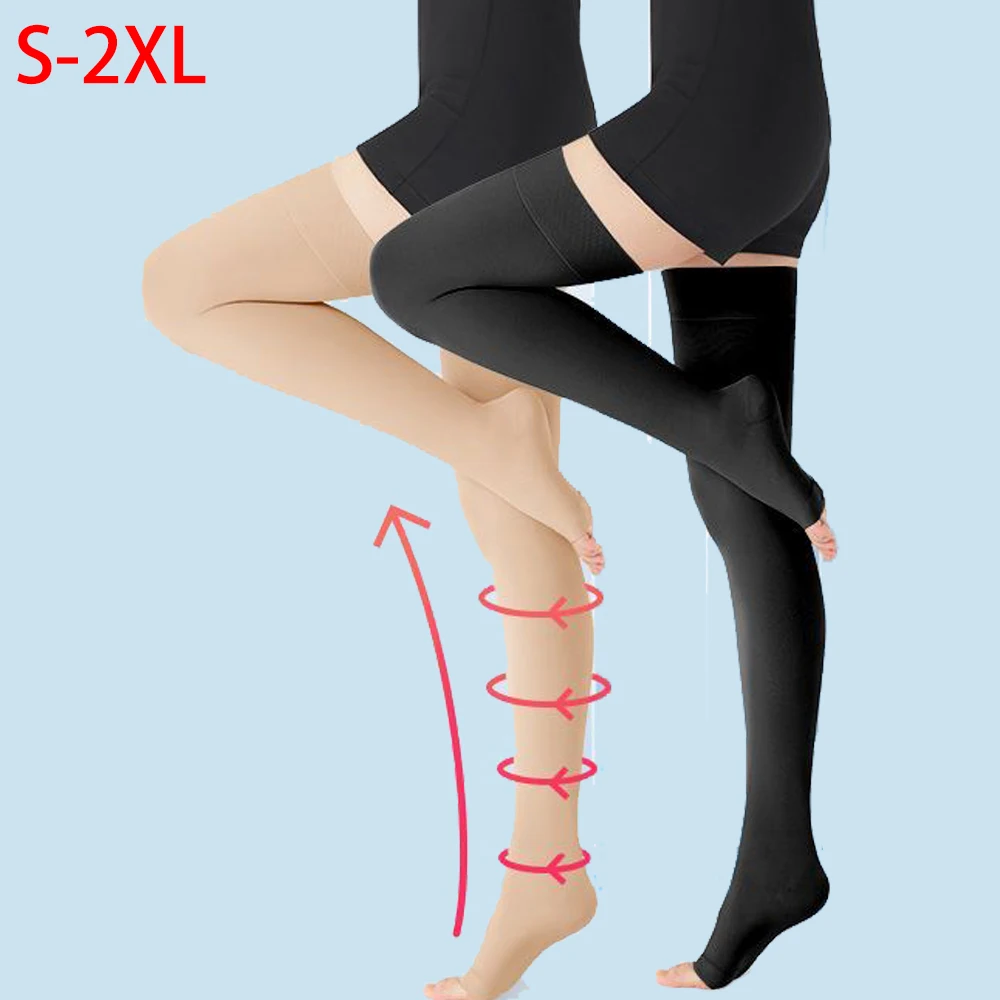 

KEERUNNP 1Pair 20-30 mmHg Compression Stockings for Men and Women, Thigh High Length, Dot-Top, Open Toe, Black/Beige