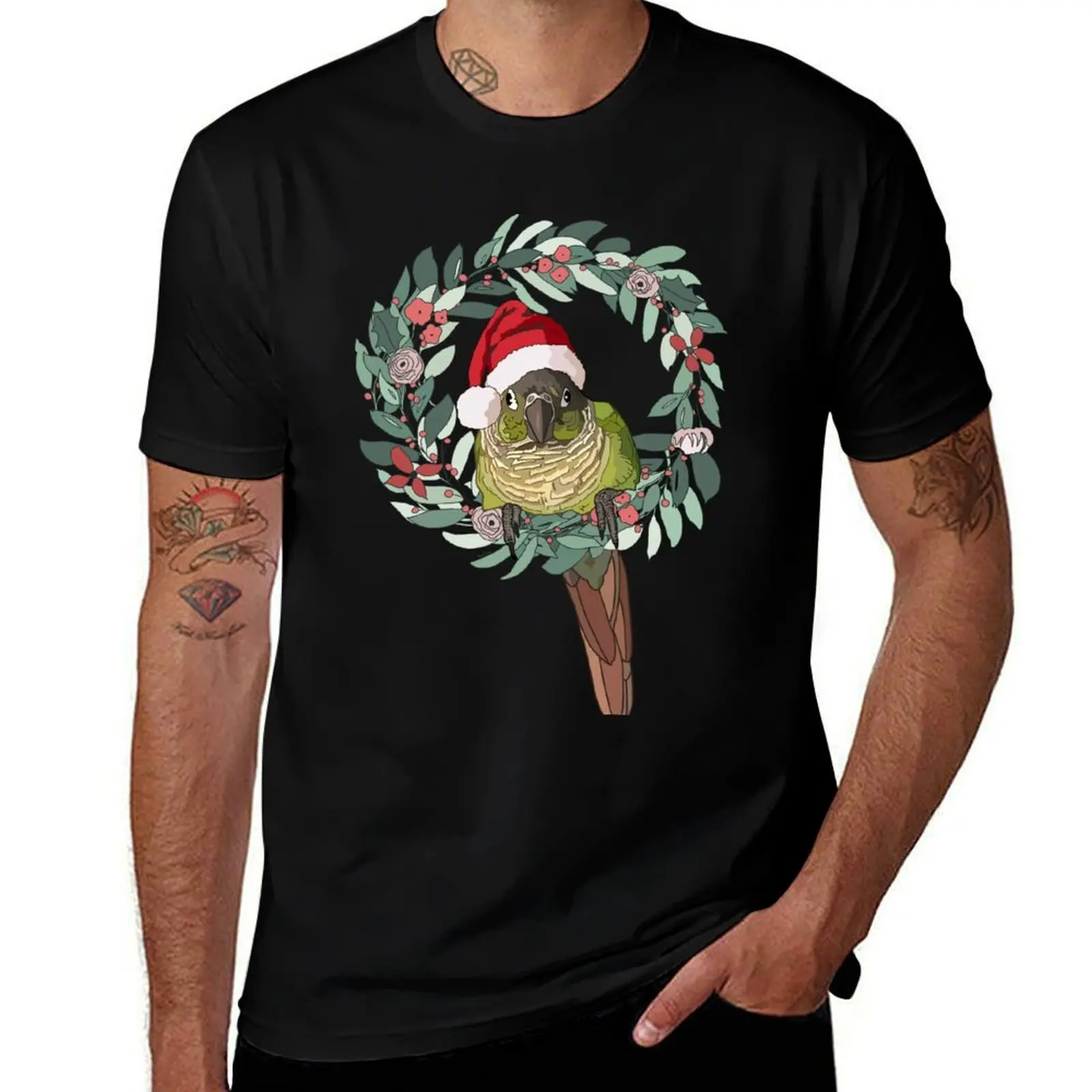 Green Cheek Conure Wearing Santa Hat T-Shirt Festival Casual Short Sleeve T-Shirt