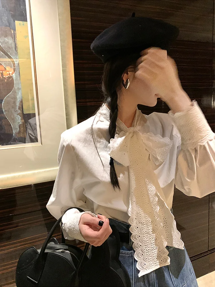 

Women's Knot Sash Shirt Korean Style Loose Fit Long Sleeve White Lace Trim Base Layer Top Spring Winter Fashion
