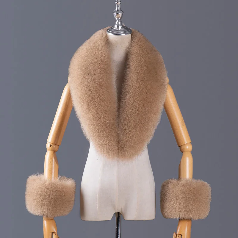 

2025 зимних женских шарфов с воротником из натурального лисьего меха для пальто с воротником на шее, теплый комплект с воротником из натурального лисьего меха и манжетами