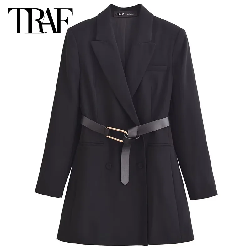 TRAF 2025 Women's Blazer Office Wear Women Crop Black Long Sleeve Coats Outerwears Belt Short Suit Elegant Casual Blazers Women