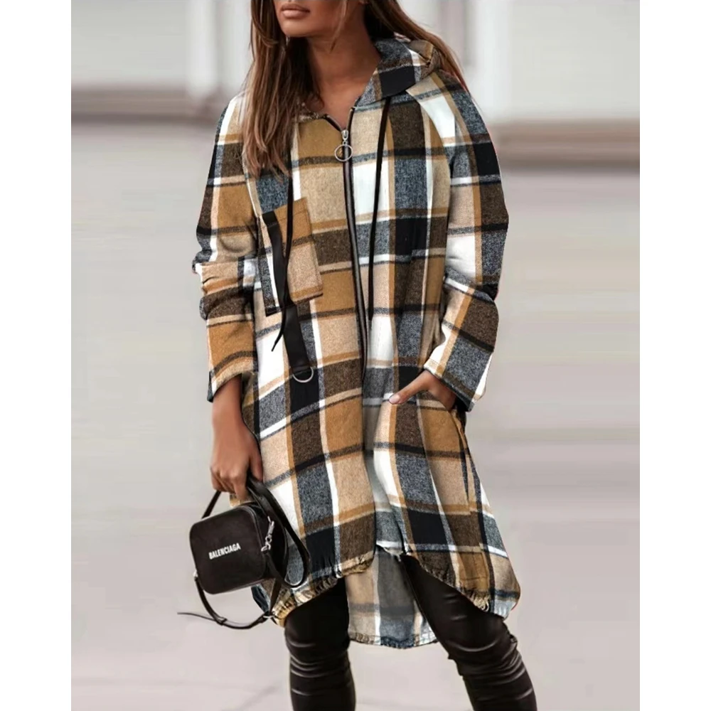 Autumn Women Plaid Print Zipper Pocket Design Hooded Loose Longline Shacket Femme Long Sleeve Coat Elegant Casual Outfits