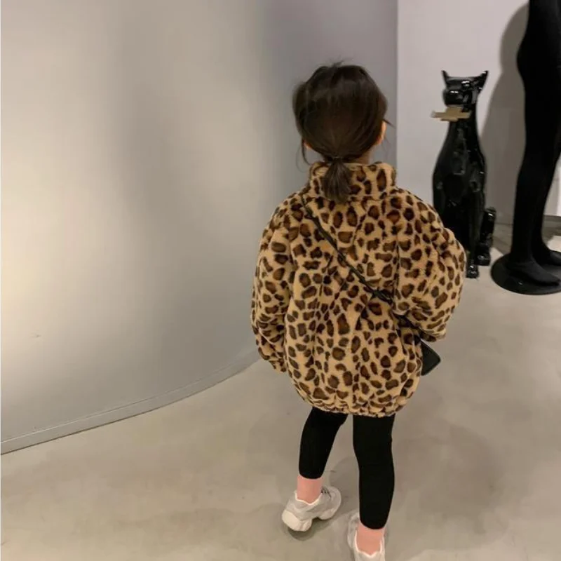 Girl Leopard Print Jacket Fleece Velvet Thicken Coat for Children Autumn Winter Cotton Padding Outwear 1 To 8 Years Kids Clothes