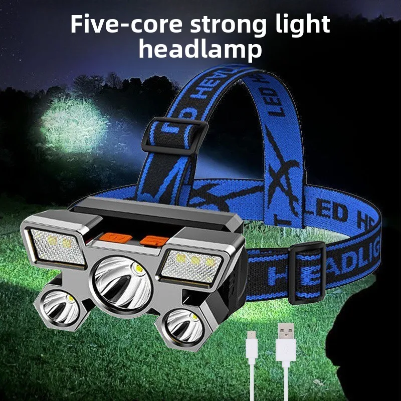 

5-ядерный налобный фонарь для зарядки: супер яркий, с высоким люменом, уличная налобная шахтная лампа, длительный срок службы, для кемпинга/рыбалки