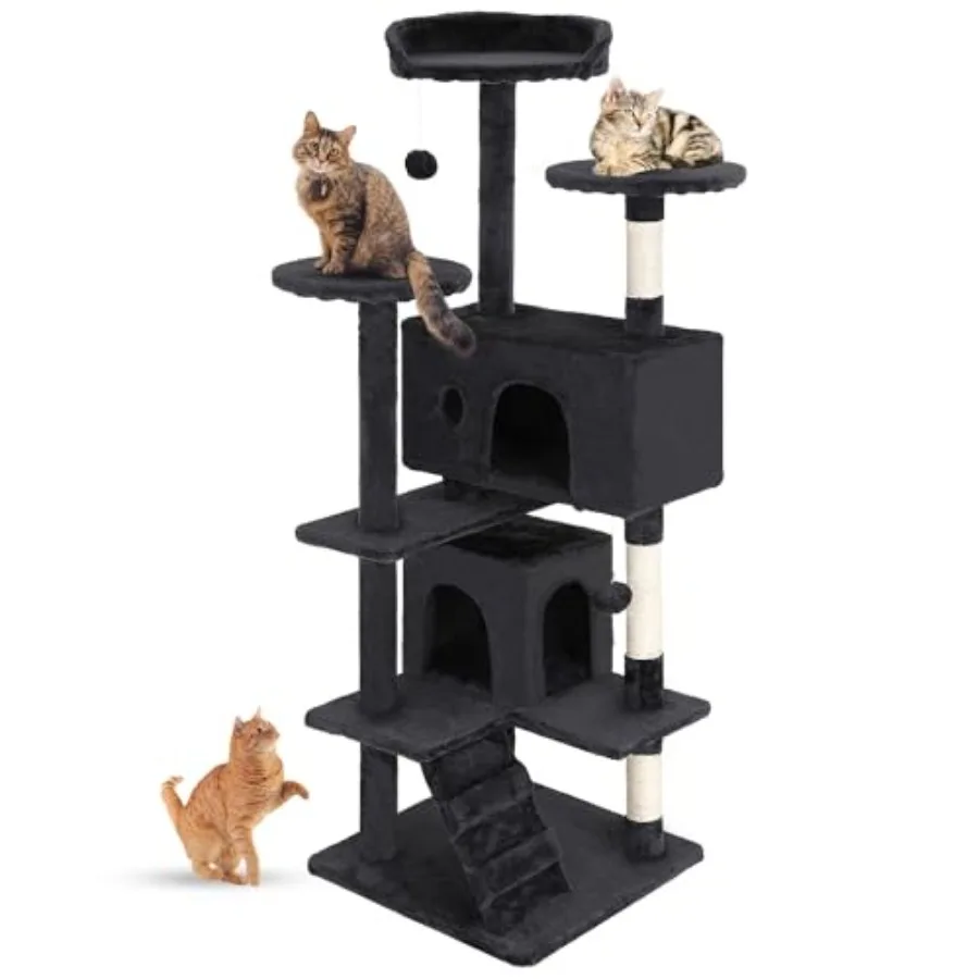 

Кошачья игровая башня 54 дюйма, темно-серая, многоуровневая, для дома, с сизалевыми столбиками для царапания, домиками, плюшевыми лежанками и подвесными игрушками для кошек