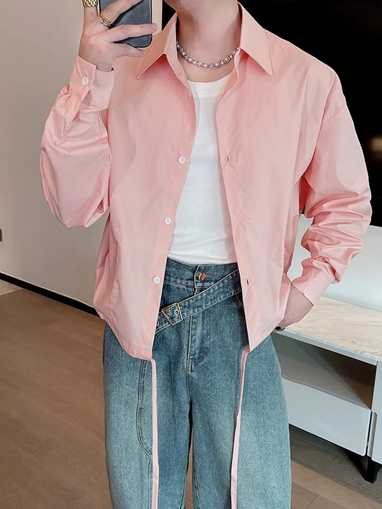 

Мужская повседневная свободная дизайнерская одежда American Sle Oversized Long Sve irt, модная осенняя одежда со шнурком на груди для подростков Bo...