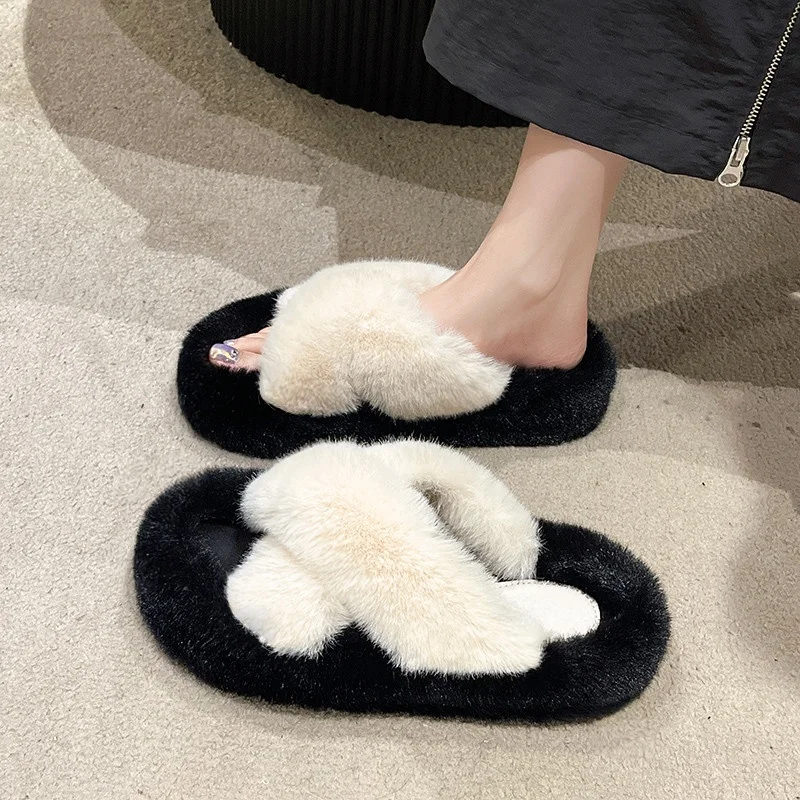 Women's Thick Bottom Fur Slippers Indoor Outdoor Wear Anti-Slip Plush Slip-On Home Slippers Korean Style Medium Heel