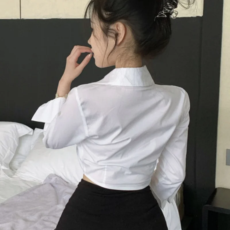 Crop Tops Shirts Women Long Sleeve Hotsweet Slim Streetwear Spring Simple Preppy Style Office Ladies Popular All-match Ulzzang