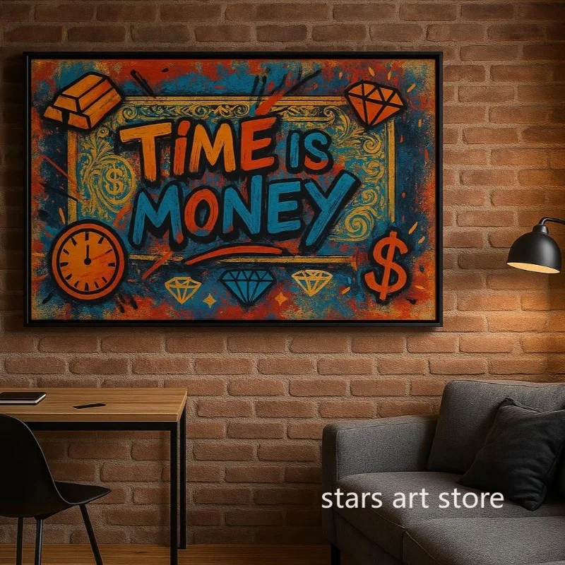 Motivational Time Is Money with Dollar Diamonds & Clocks Patterns Art Poster Canvas Painting Wall Print Picture Room Home Decor