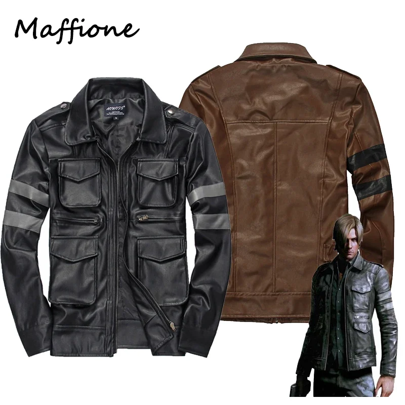 Resident 4 Leon S Kennedy Cosplay Jacket Costume Men Outfits Black Pu Coat Zipper Top Leather Overcoat Halloween Party Suit