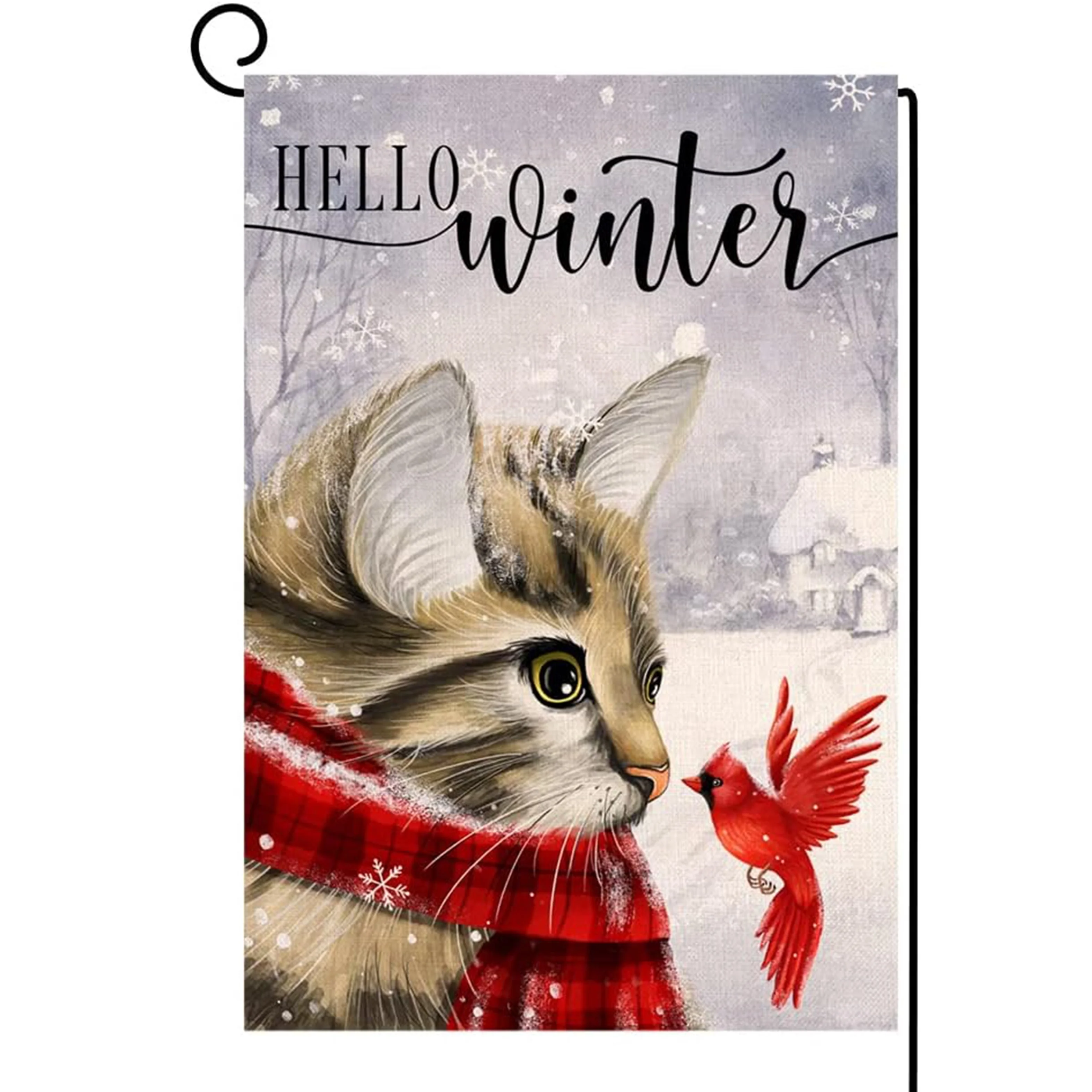 1pc Winter Cat Garden Flag - 12x18 Vertical  Cardinal Bird Snow Christmas Holiday Design - Polyester Fabric - Perfect for Christmas Outdoor Decoration - Ideal Gift for Holiday Enthusiasts