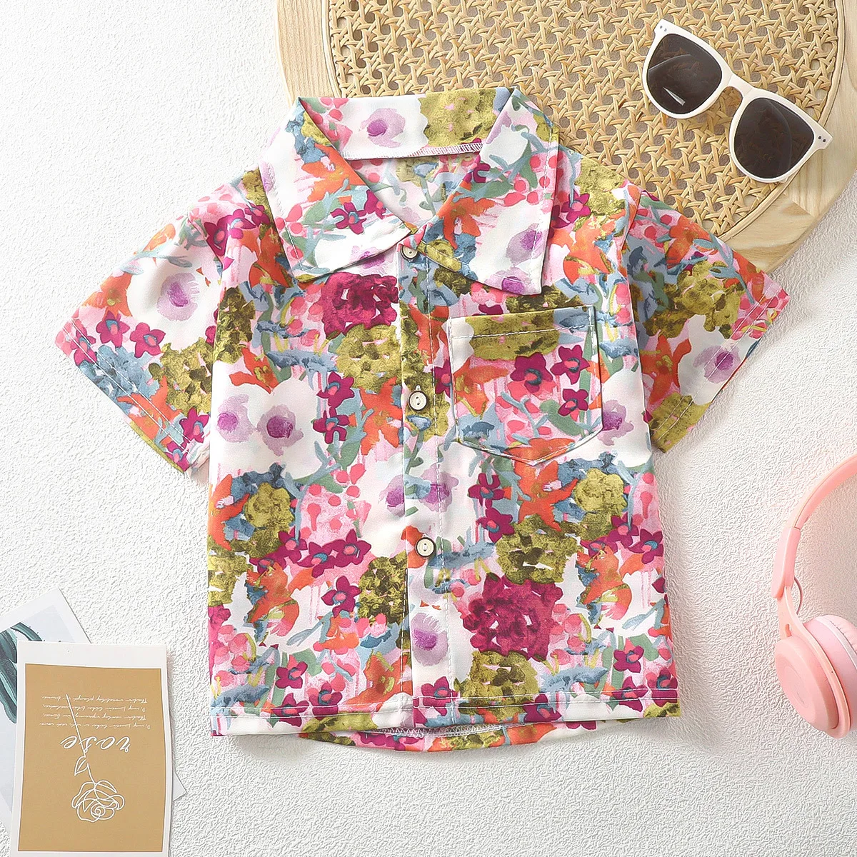 Boys and girls short-sleeved bata flower shirt new children\'s cartoon casual lapel shirt handsome shirt