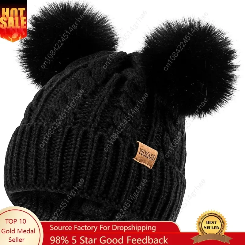 

Women's Winter Hat Soft Knit Beanie with Faux Fur Pom Hat with Warm Fleece Lining Skull Cap for Women