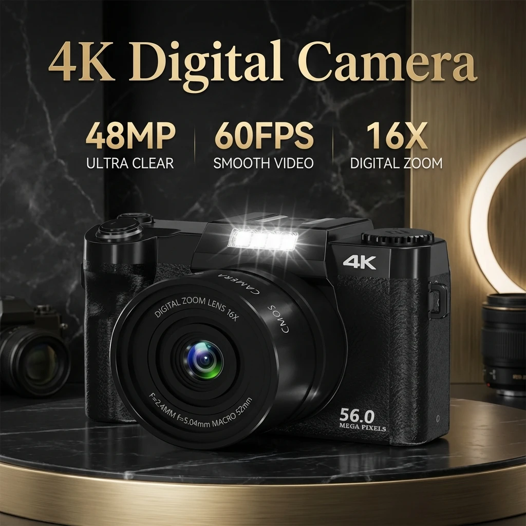 

4K Digital Camera 48MP with 3 LCD Screen 16X Zoom Wide Angle & Macro Lens HDMI Output Motion Detection Supports 128GB SD Card