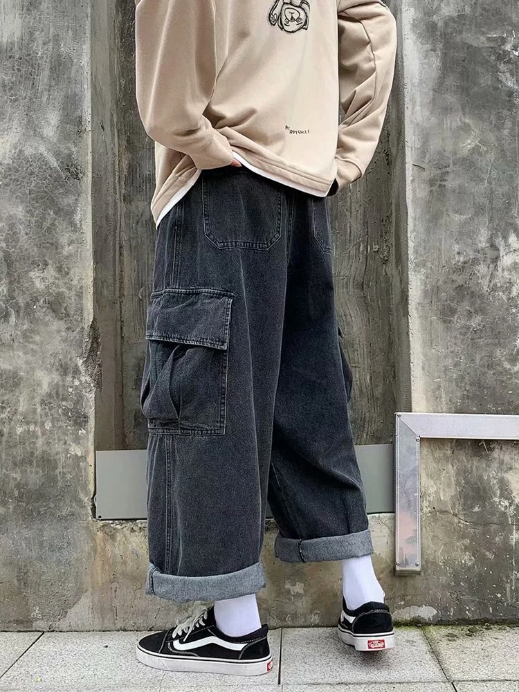 Baggy Jeans Men\'s Oversize Streetwear Fashion Wide Leg Cargo Pants Hip Hop Harajuku Multi-Pocket Denim Trousers Black Blue