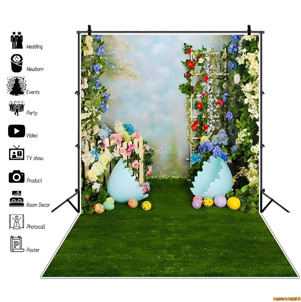 Spring Easter Backdrop Eggs Bunny Flowers Grassland Wood Floor Baby Birthday Party Kids Portrait Photography Background Decor
