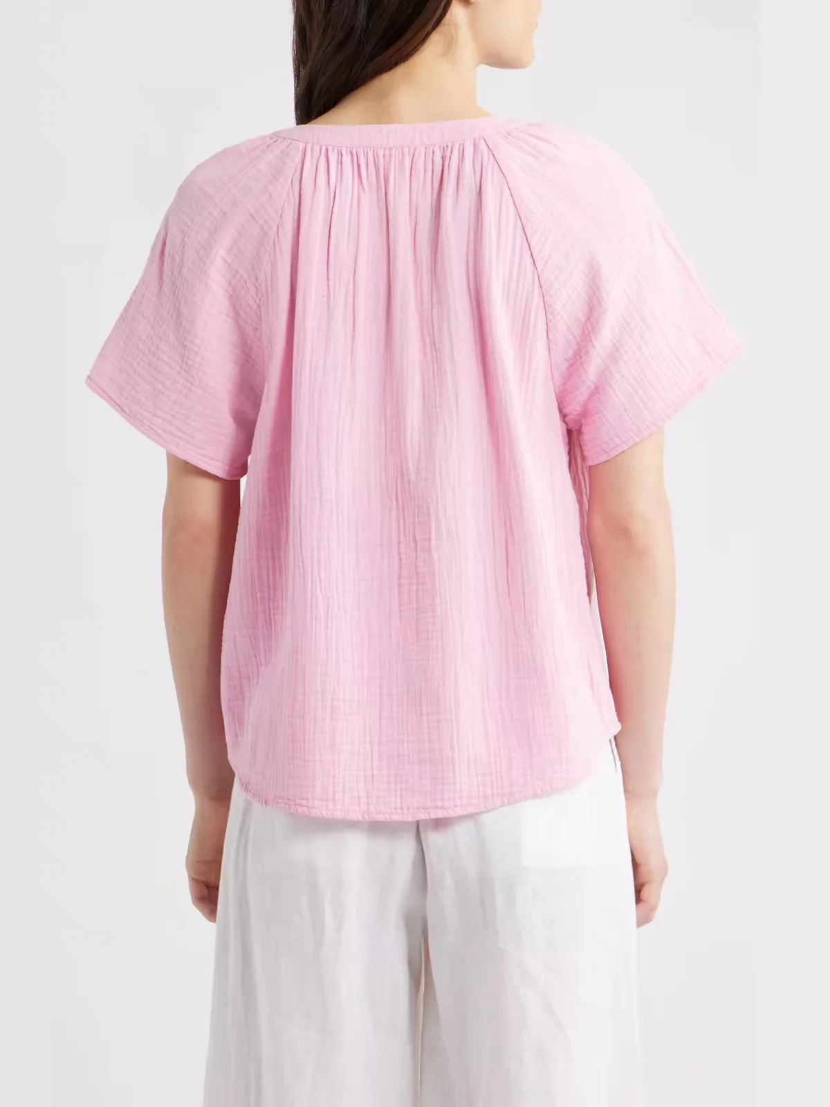 Fashion V-neck Short Sleeve Tops Casual Loose Daily T-shirt Solid Color Simple Shirt Summer Women's 100% Cotton Pullover