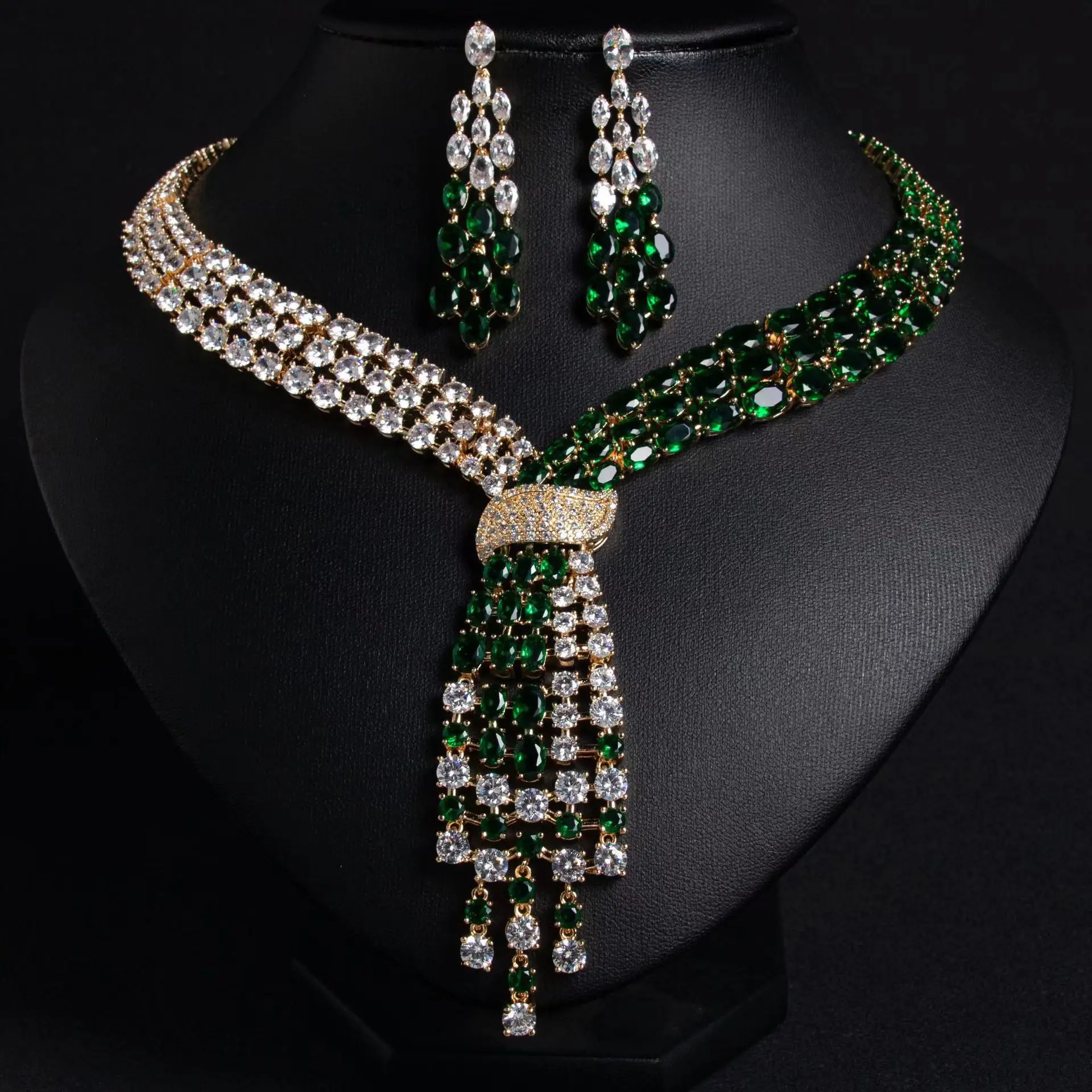 Wedding jewelry set simple two-color light luxury high-grade temperament fringe zircon earrings necklace two-piece set