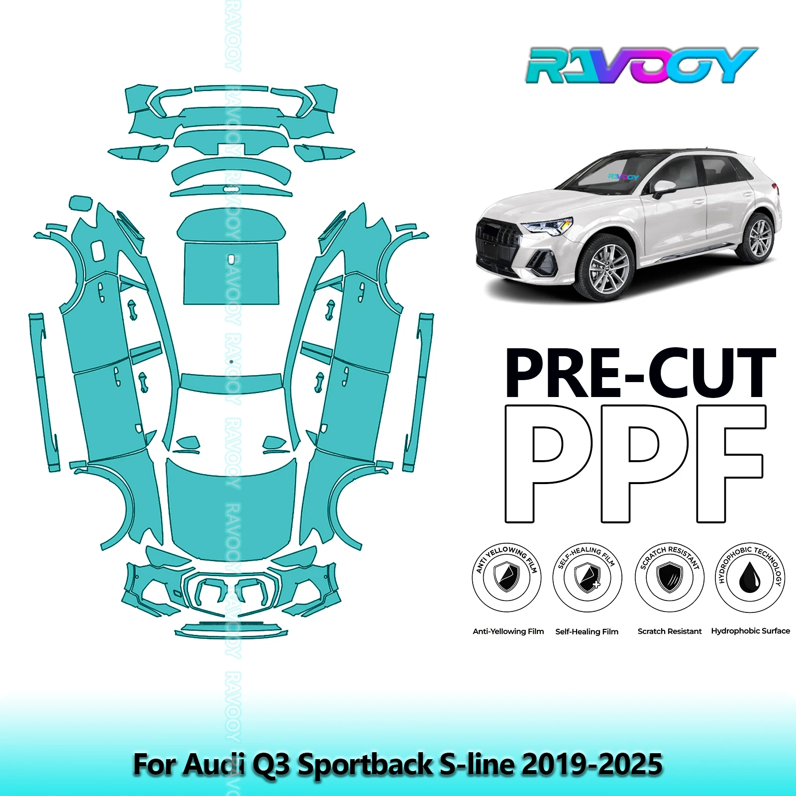RAVOOY 8.5Mil Custom-Fit Precut TPU PPF Full Vehicle Clear Bra Stone Guard EU UK For Audi Q3 Sportback S-line 2019-2026