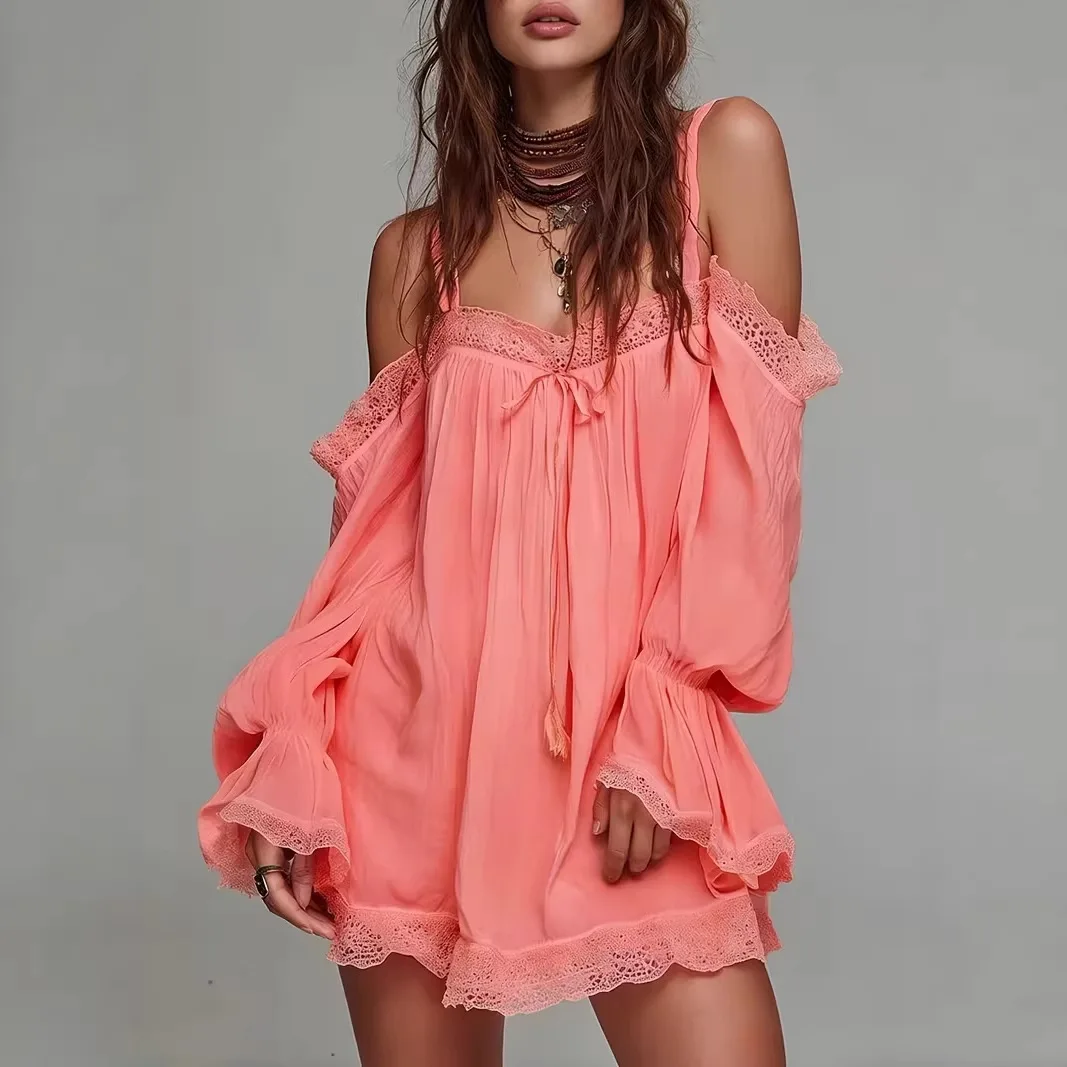 

Elegant Sexy Off-Shoulder Solid Mini Dress for Women Summer Fashion Long Sleeve Loose Lace Trim Lace-up Strap Short Dress