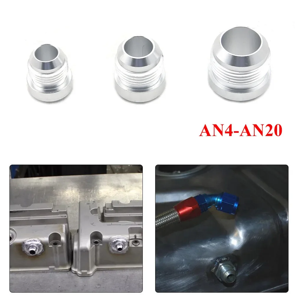 Silver Aluminum AN Series Straight Male Weld Bungs with Nuts, Ideal for High-Pressure Fuel Lines: AN4, AN6, AN8, etc.