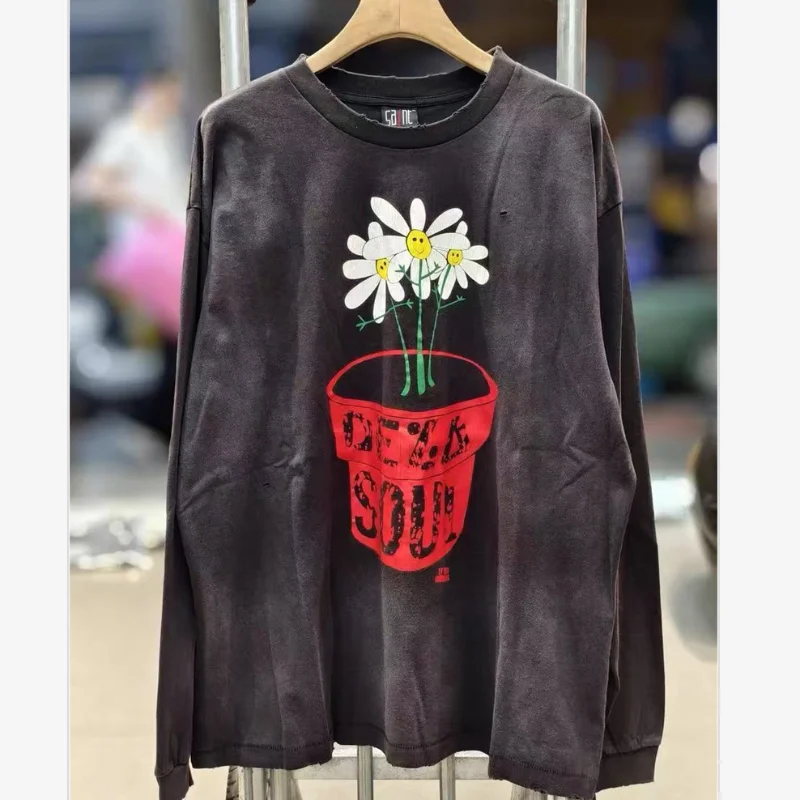 

Свободная винтажная серая футболка с длинными рукавами из 100% хлопка, футболка премиум-качества для мужчин и женщин с треснутым узором и принтом