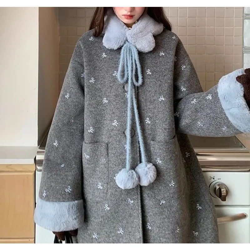 

Gray Bow Woolen Coat Women's 2025 Autumn and Winter Lazy Loose Foreign Chic High-end Woolen Coat