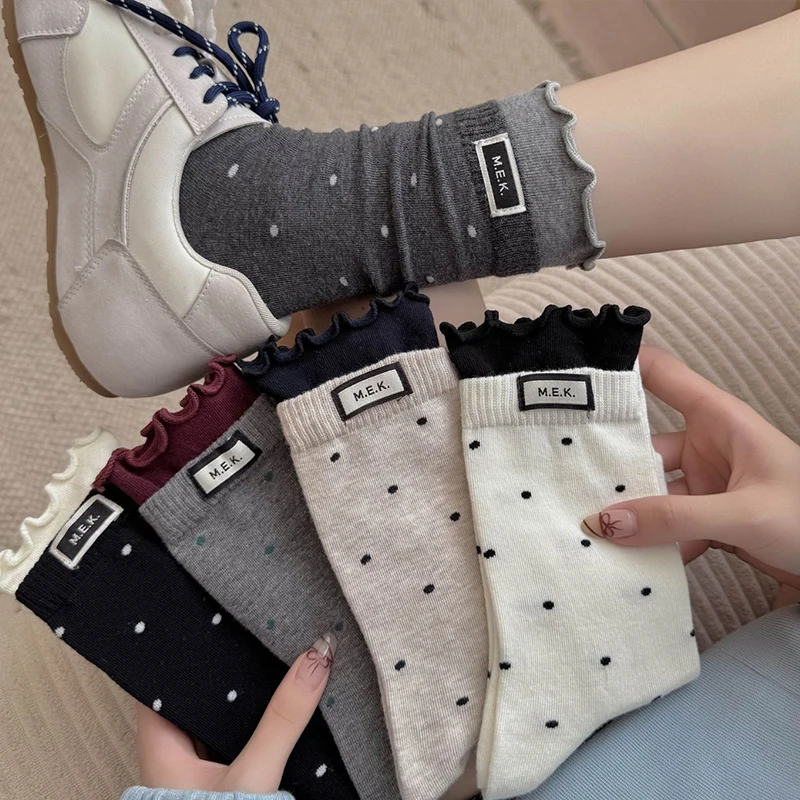 

Winter Women's Kawaii Polka Dot Patterned Socks Autumn Black 100% Cotton Soft Breathable Funny Happy New Long Socks Under Boots