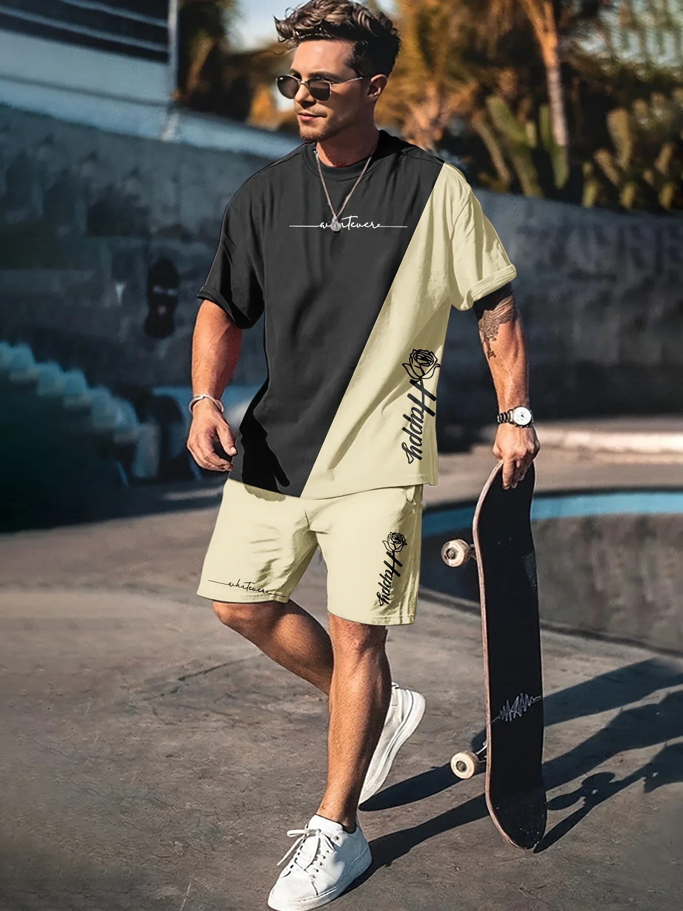 

GELITAYIN The 2025 Summer New Men's Casual Short-sleeved Shirt And Shorts 2-piece Set, Urban Street Fashion T-shirt And Shorts S
