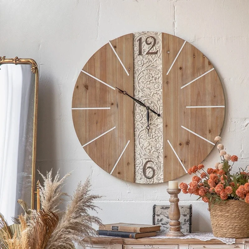 American Rustic Wood Wall Clock, Round Living Room Decor for Home, Airbnb Lodge, Silent Non-Ticking Mechanism, Easy to Read