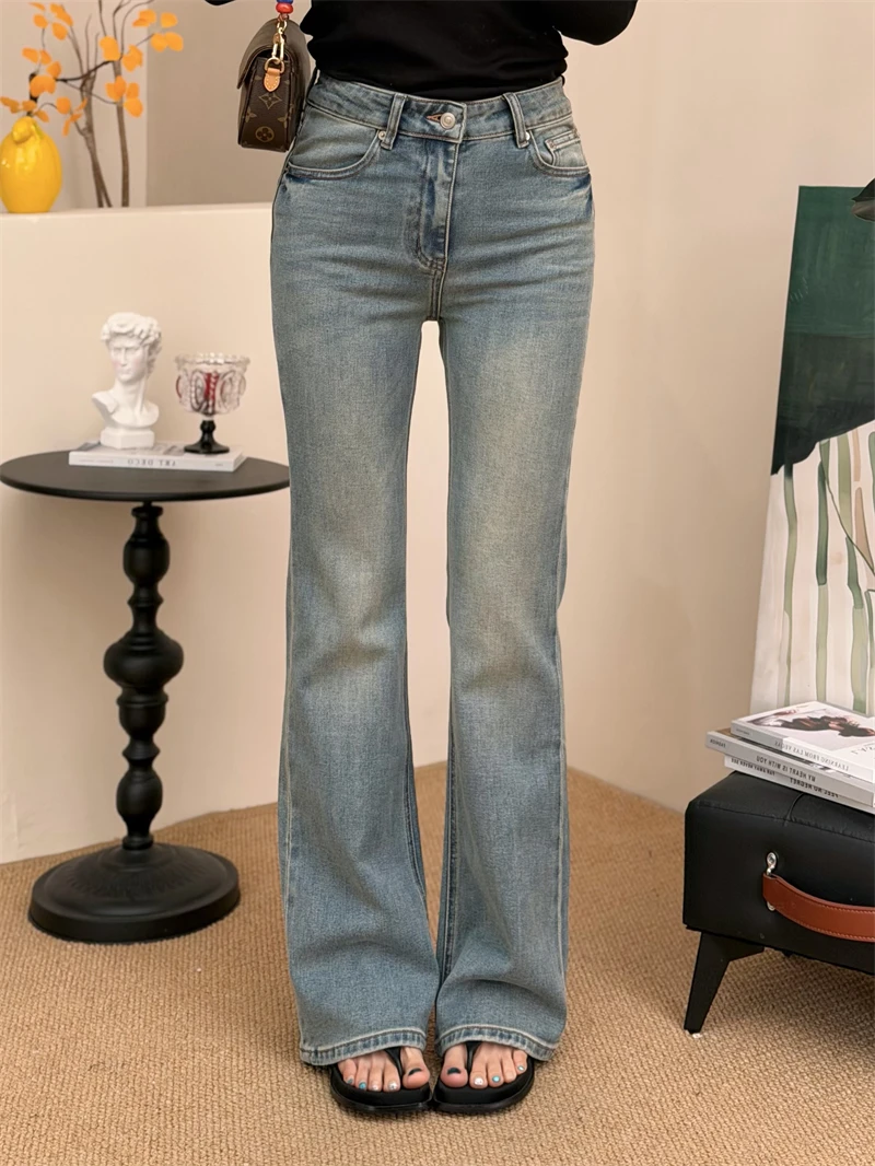 

High Waist Slimming Micro Flared Jeans Women's Vintage Washed Super Elastic Denim Spring Season Pure Color MS.SUUPEER Brand