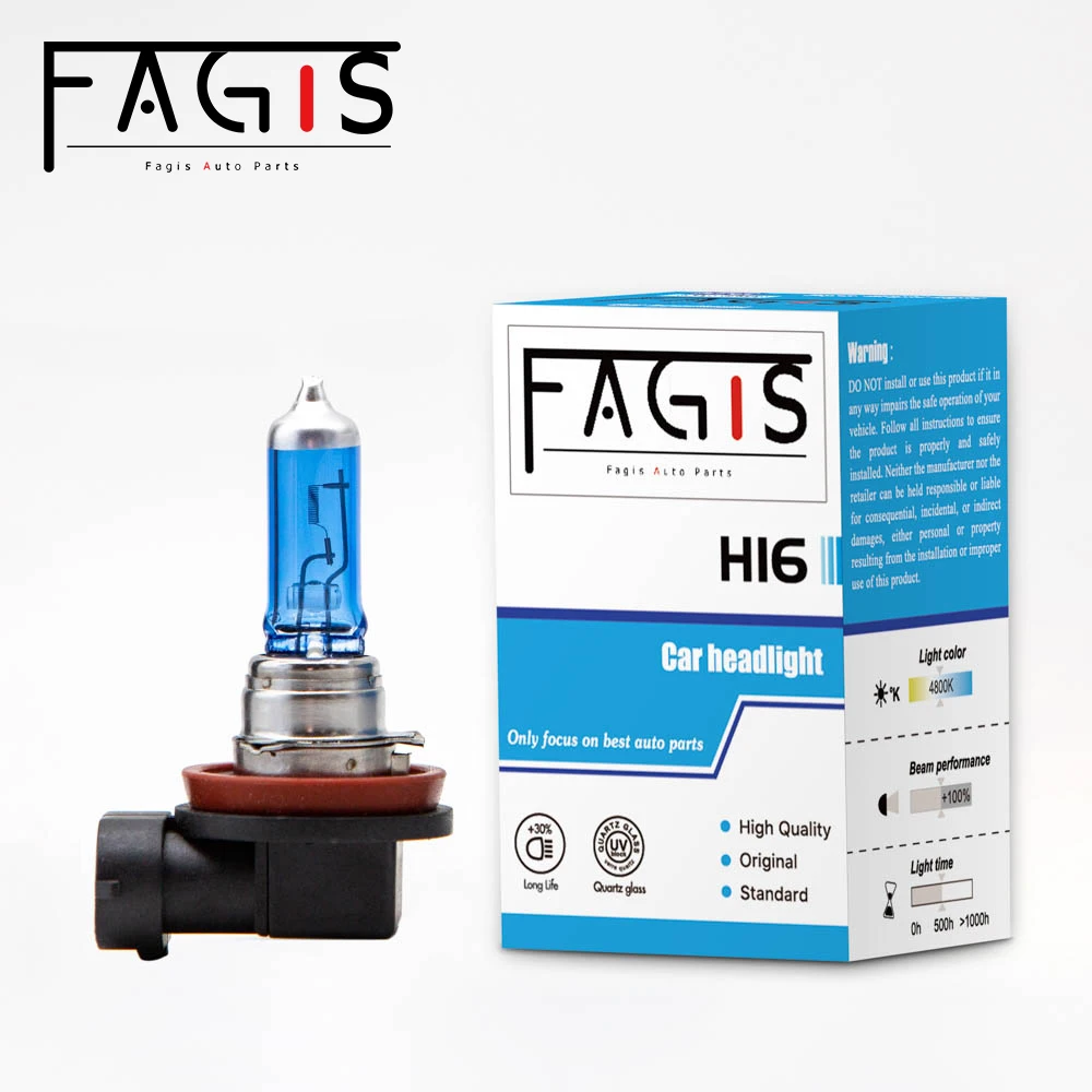 Fagis 1 Pcs H16 12V 19W Super White PGJ19-3 Car Headlight 4800K Auto Halogen Bulb Car Lights Blue Quartz Glass Auto Halogen Bulb