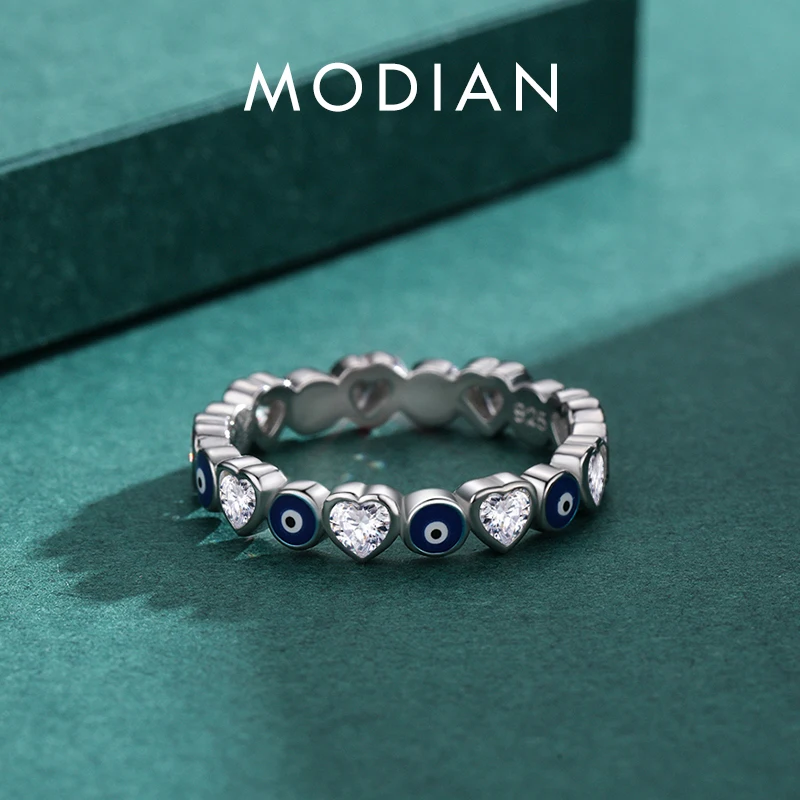 MODIAN 925 Sterling Silver Enamel Blue Eyes Ring For Women Romantic Heart Stackable Ring Fashion Fine Jewerlry Birthday Gifts