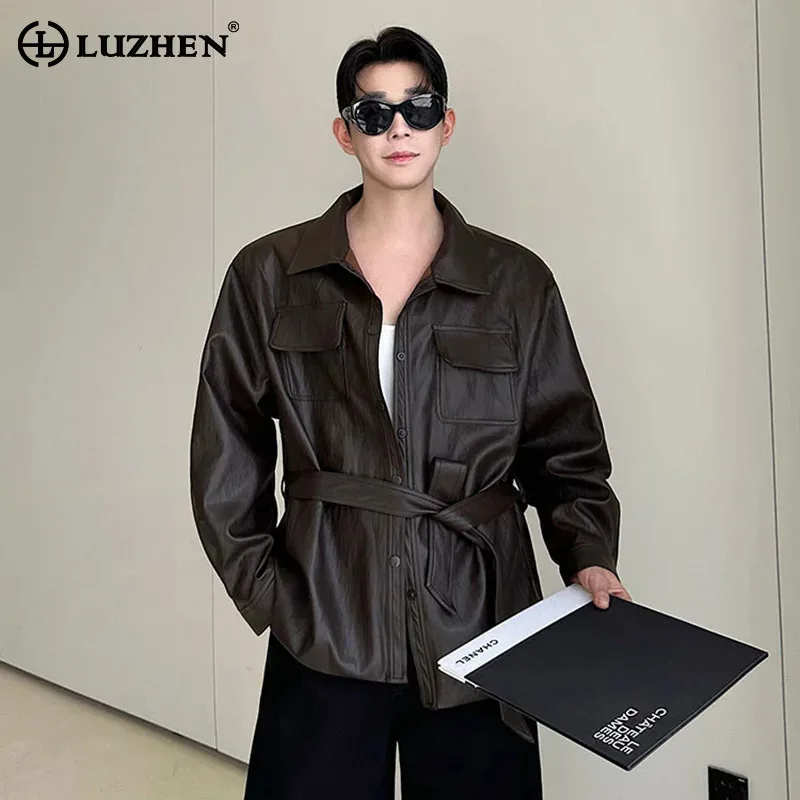 LUZHEN New Ribbon Up Solid Color Waist 2025 Tie Decorate Pockets Elegant Windbreaker Coat Men's Fashion Leather Jacket JY8533