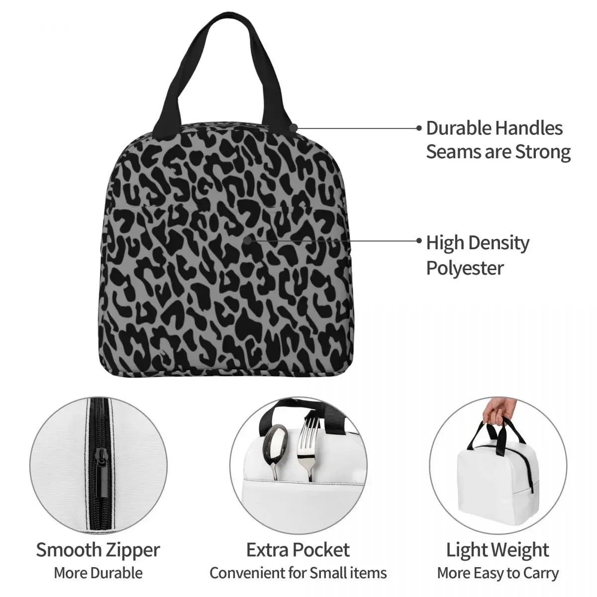 Black Leopard Insulated Lunch Bag Cooler Bag Reusable Cheetah Animal Large Tote Lunch Box Food Bag Beach Travel