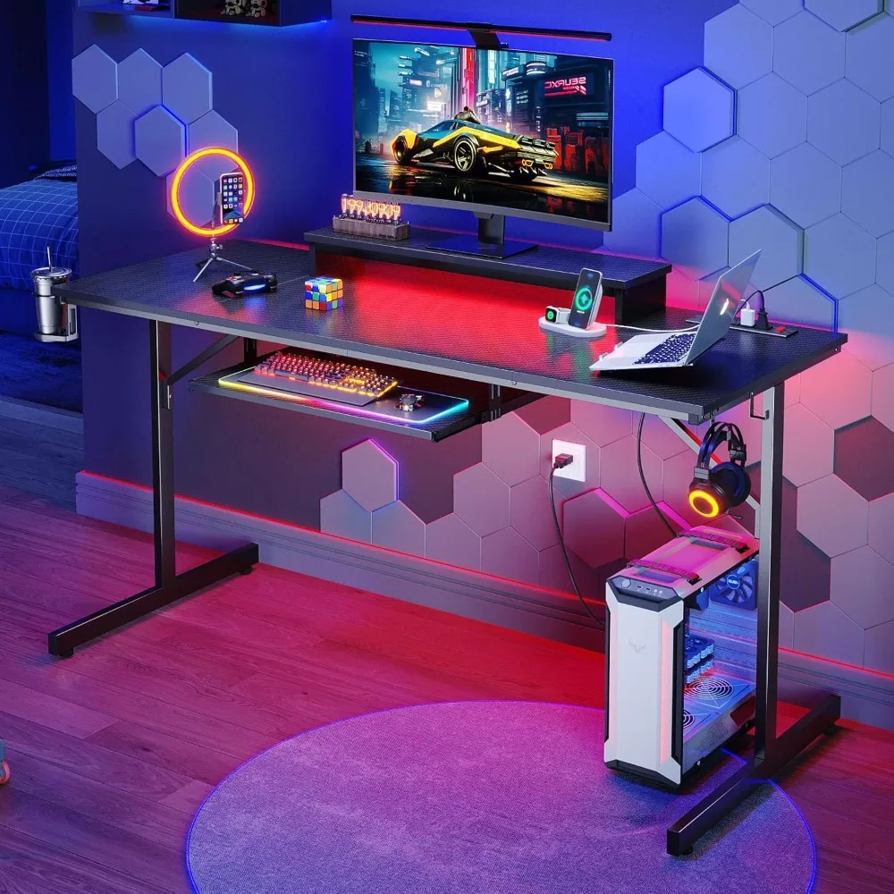 

Gaming Desk with Power Outlets & LED Lights, Large Computer Desk with Monitor Stand & Keyboard Tray Home Office Table