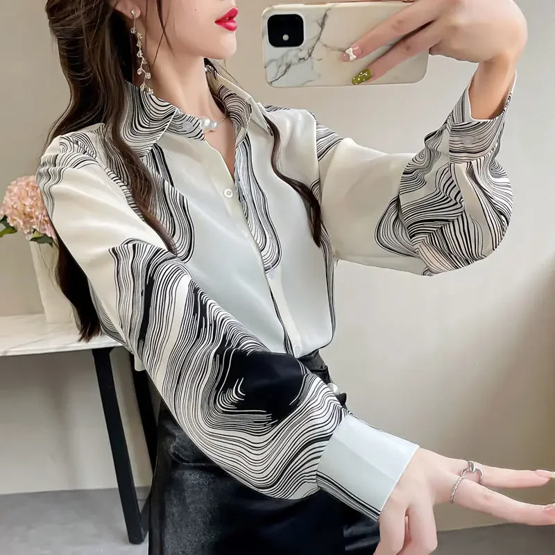 Elegant Lapel Lantern Sleeve Printed Button Chiffon Shirt Oversized Casual Long  Women Clothing Office Lady Blouse X657