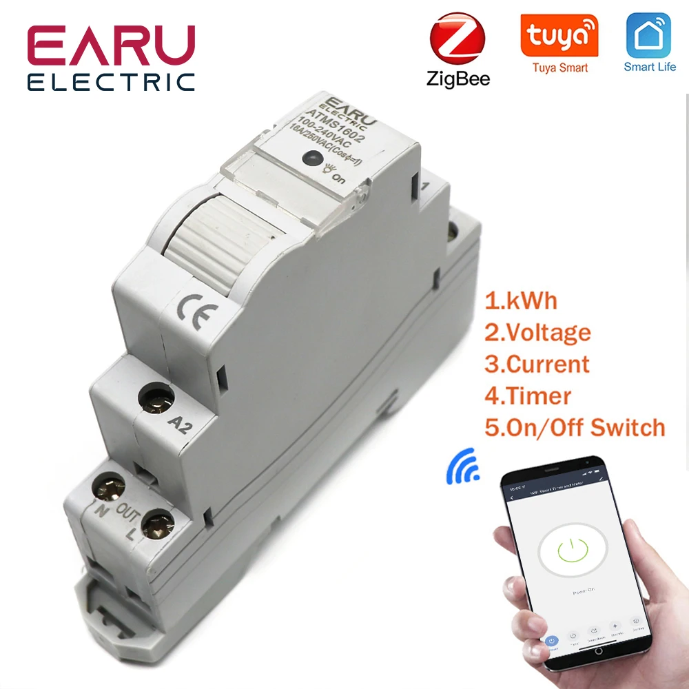 

AC 110V 220V 16A Din Rail WIFI Zigbee Smart Timer Relay Switch Breaker Remote Control by Tuya APP KWH Energy Power Meter