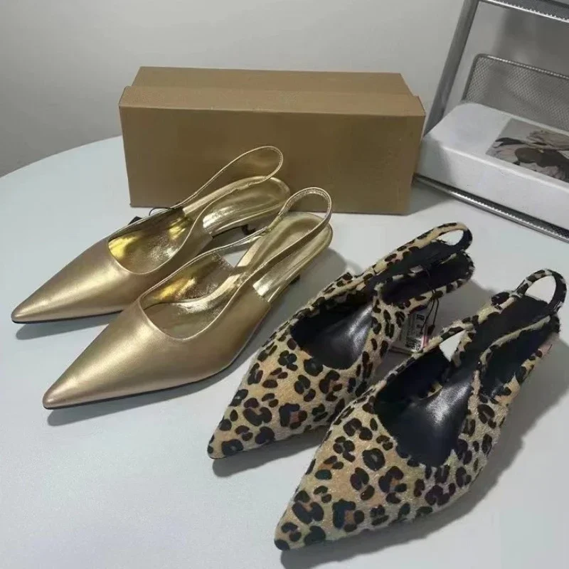 Women\'s Sandals 2026 Summer Footwear Pointed Toe Mid Heels Fashion Designer Leopard Print Large Size Dress Party Ladies Shoes